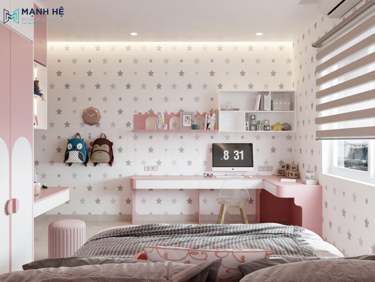 Bàn học chữ L đặt ở góc phòng cho 2 bé