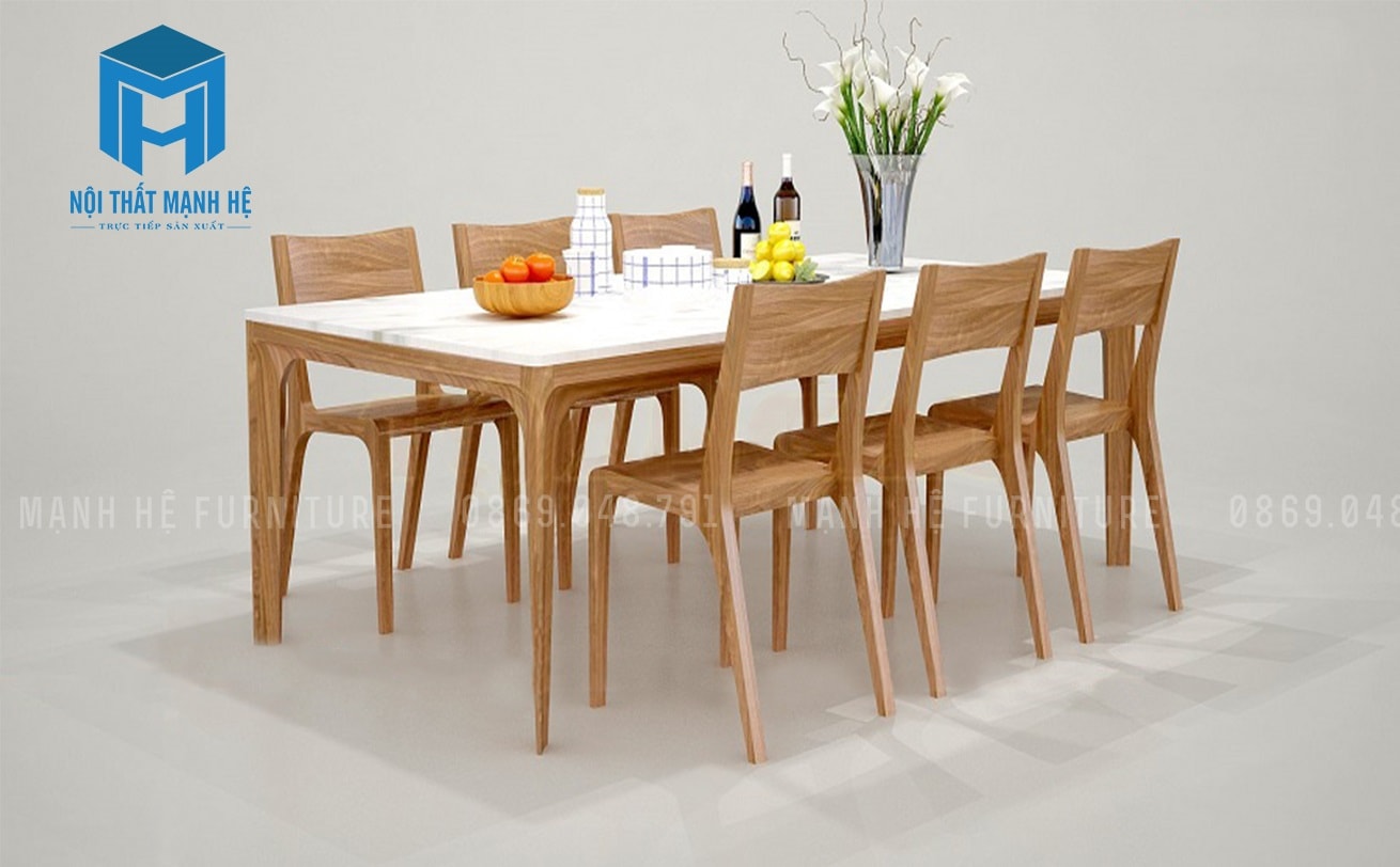 Bàn ăn hình chữ nhật, chất liệu gỗ tự nhiên, đường nét mảnh mai, phù hợp với nhiều không gian thiết kế