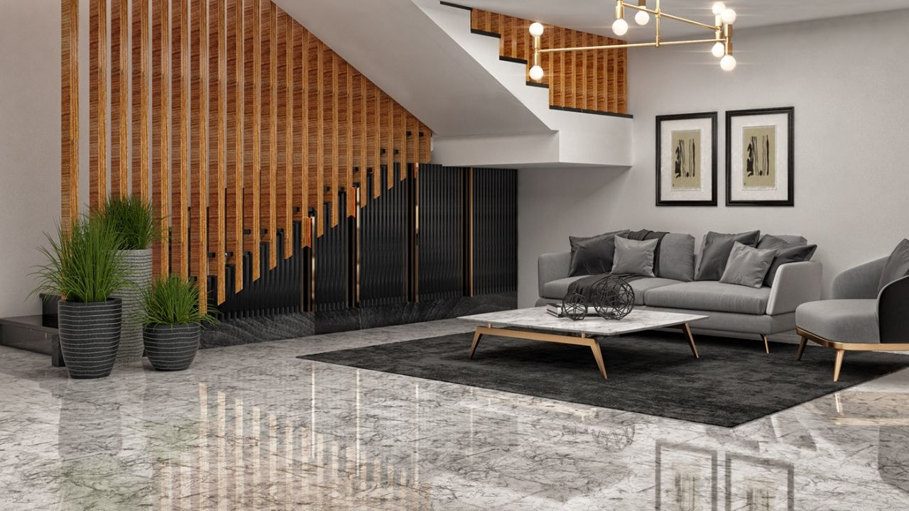 Vách ngăn cầu thang tam cấp từ gỗ kết hợp inox