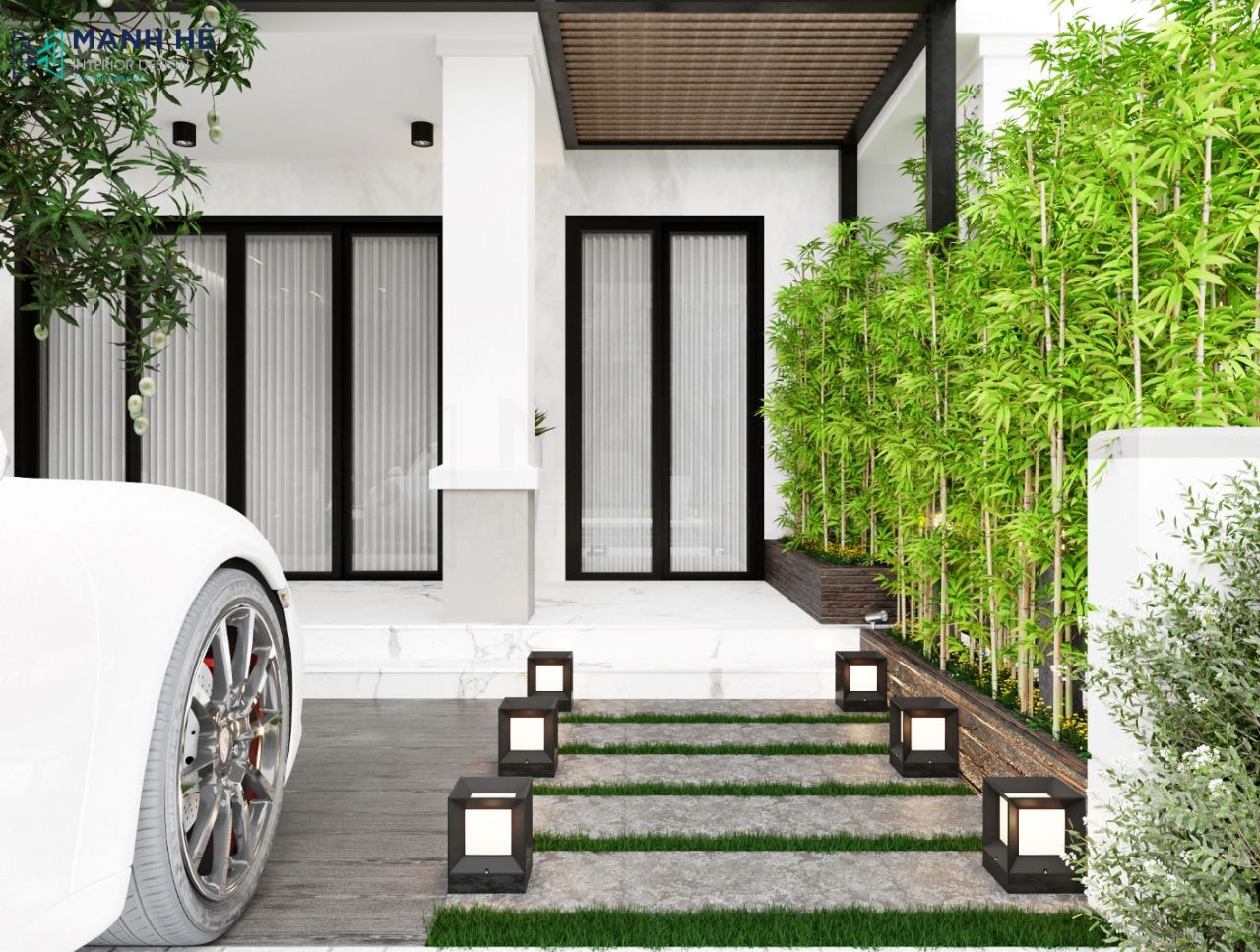 Thiết kế sân vườn biệt thự 45m2 làm nơi đỗ ô tô và lối đi vào nhà