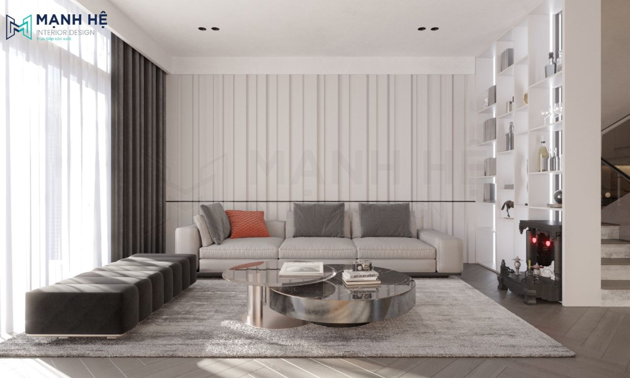 Thiết kế phòng khách 30m2 có cầu thang đơn giản, trẻ trung