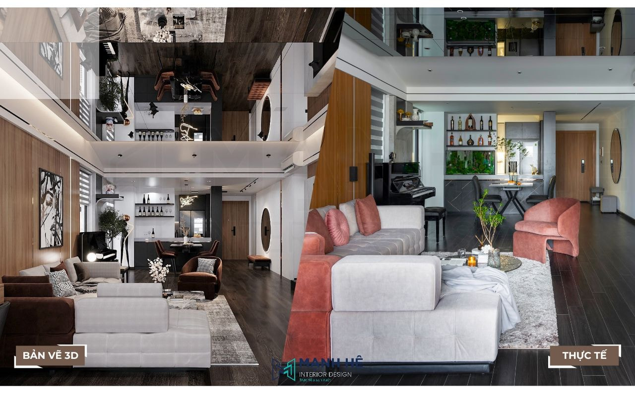 So sánh thực tế và 3D nội thất phòng khách căn hộ chung cư