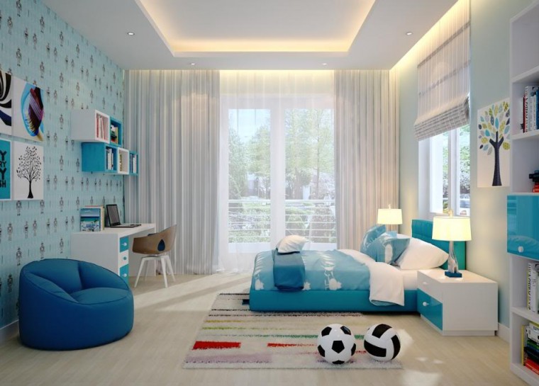 Trang trí phòng ngủ bé trai sử dụng decal màu xanh và bóng