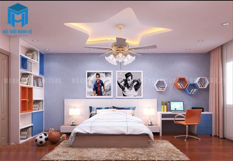 không gian phòng con trai cá tính với trần thạch cao đơn giản