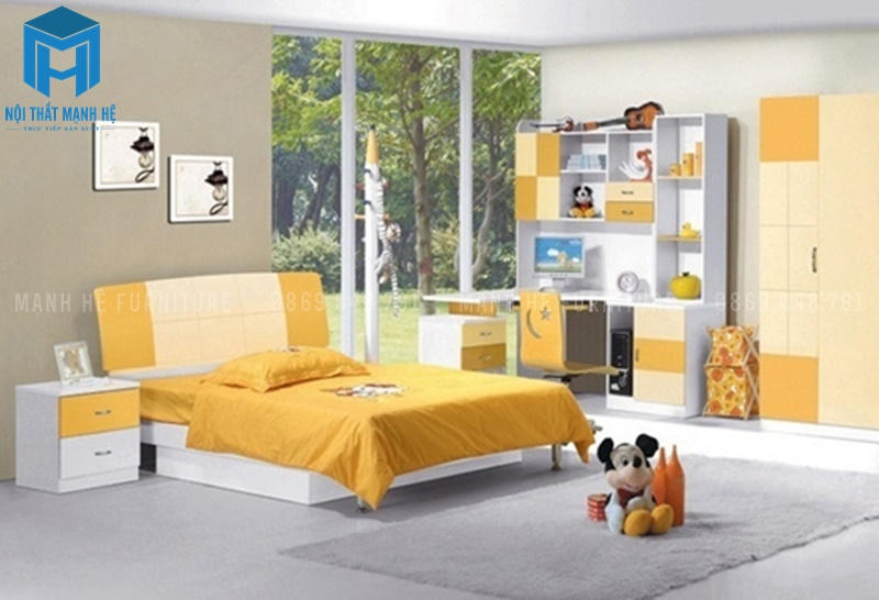 Phòng ngủ bé gái với gam màu xám, nội thất vàng cam
