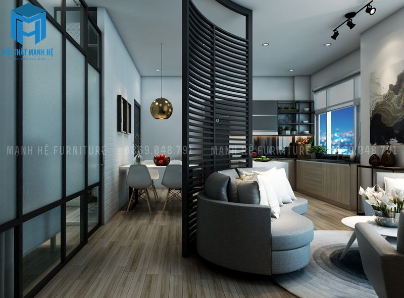 Vách ngăn tường phòng khách với phòng bếp