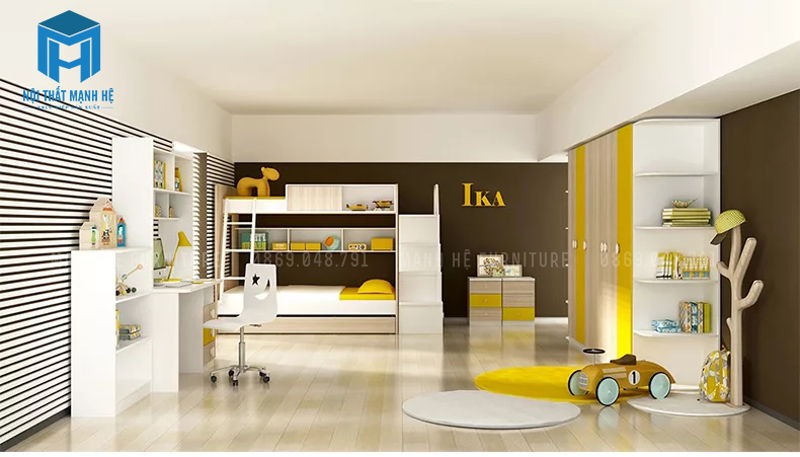 mẫu giường tầng màu vàng gỗ công nghiệp