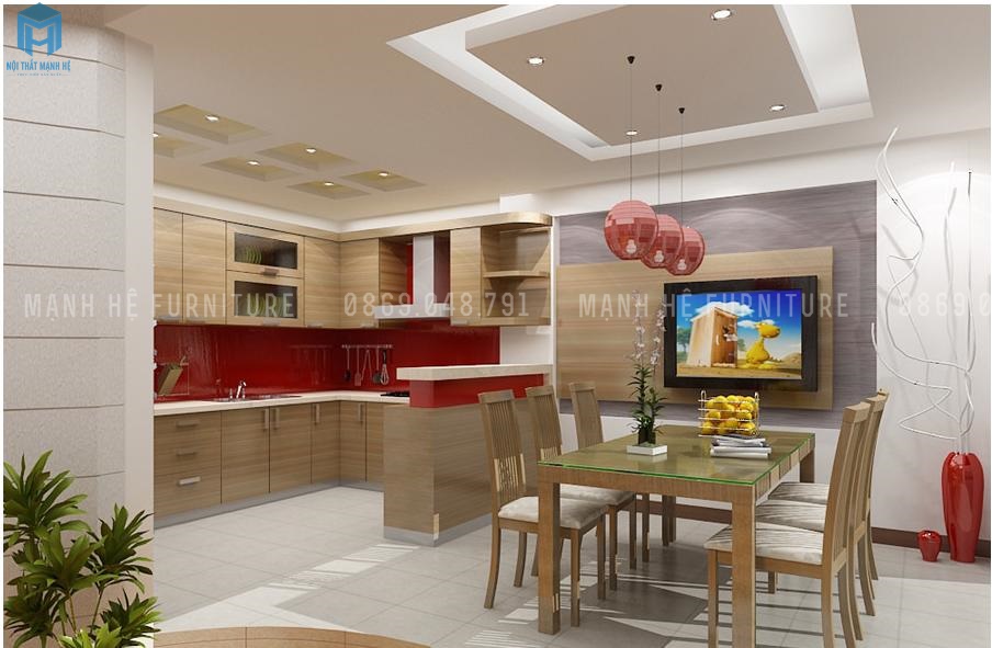 trần thạch cao giật cấp kết hợp đèn cho bàn ăn