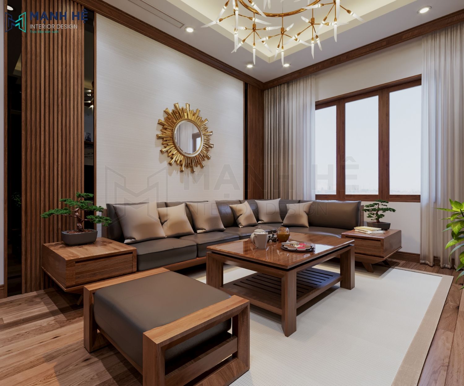 Phòng khách được thiết kế sử dụng chất liệu gỗ tự nhiên