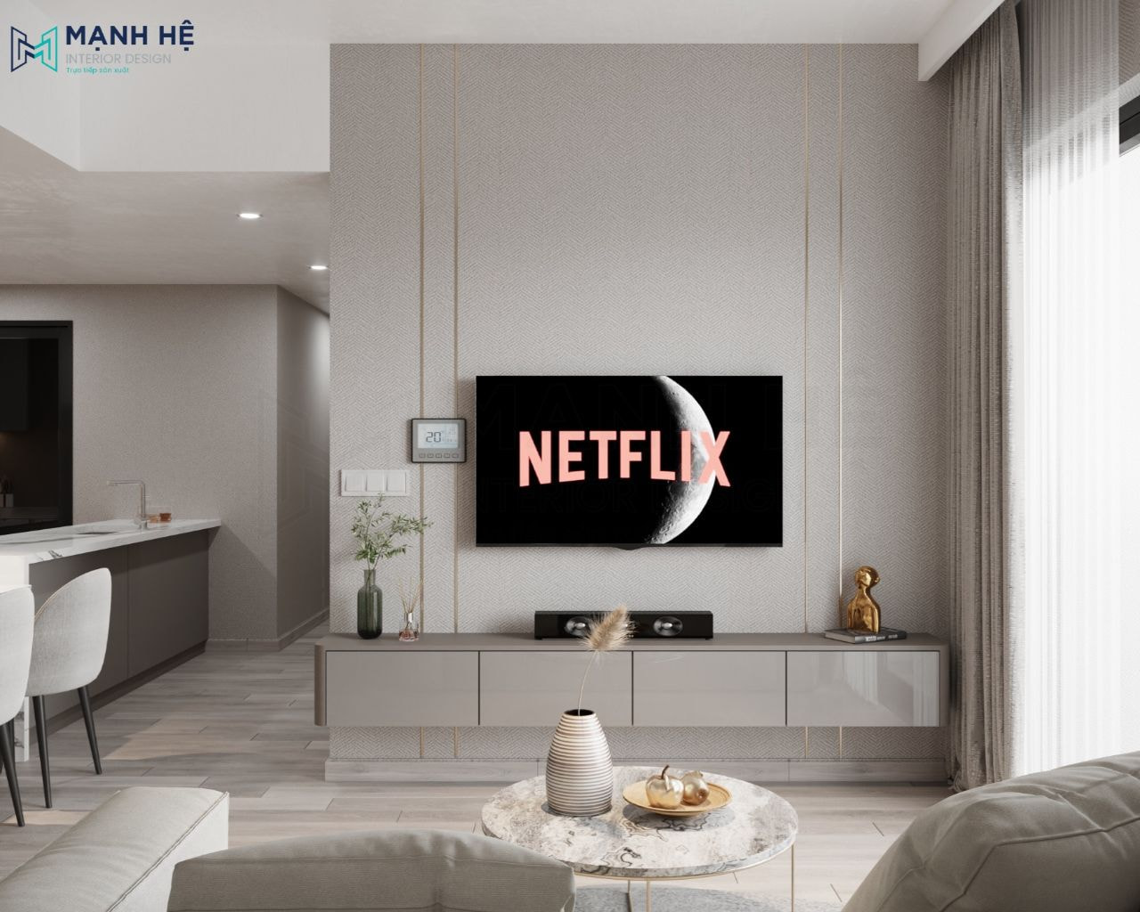 Kệ tivi gỗ công nghiệp phủ acrylic sáng bóng, sử dụng giấy dán tường chạy ron vàng cho mảng tường sau tivi