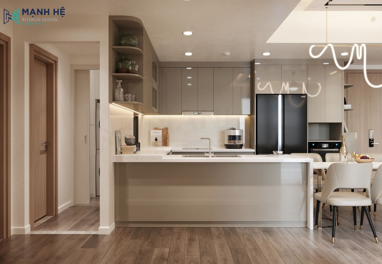 Thiết kế bàn đảo bếp nối liền bàn ăn để thuận tiện sửa soạn, bày biện thức ăn