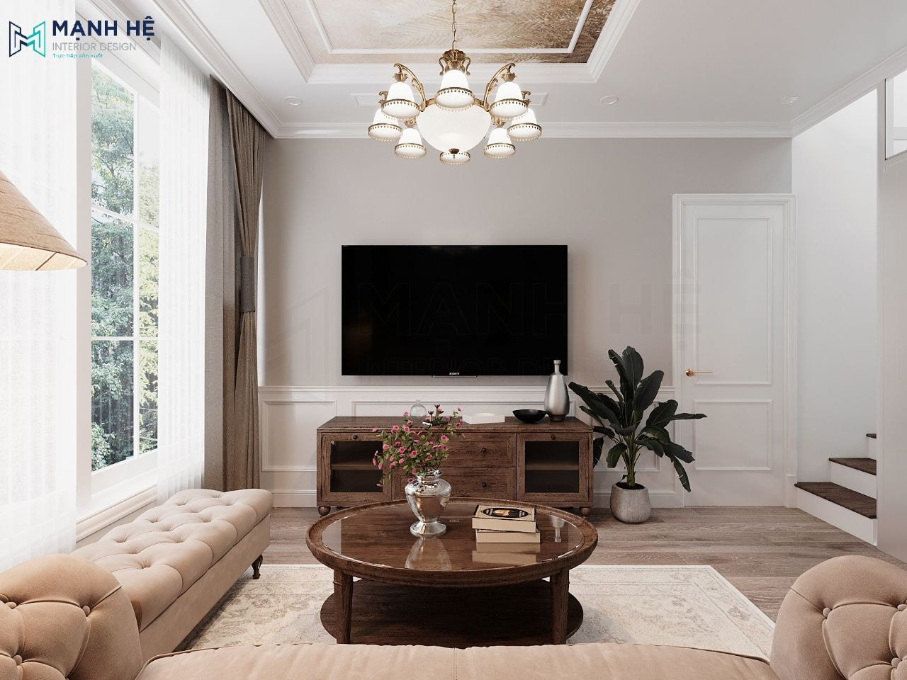 Bố trí bàn trà và ghế sofa chữ L ở vị trí trung tâm phòng sinh hoạt chung