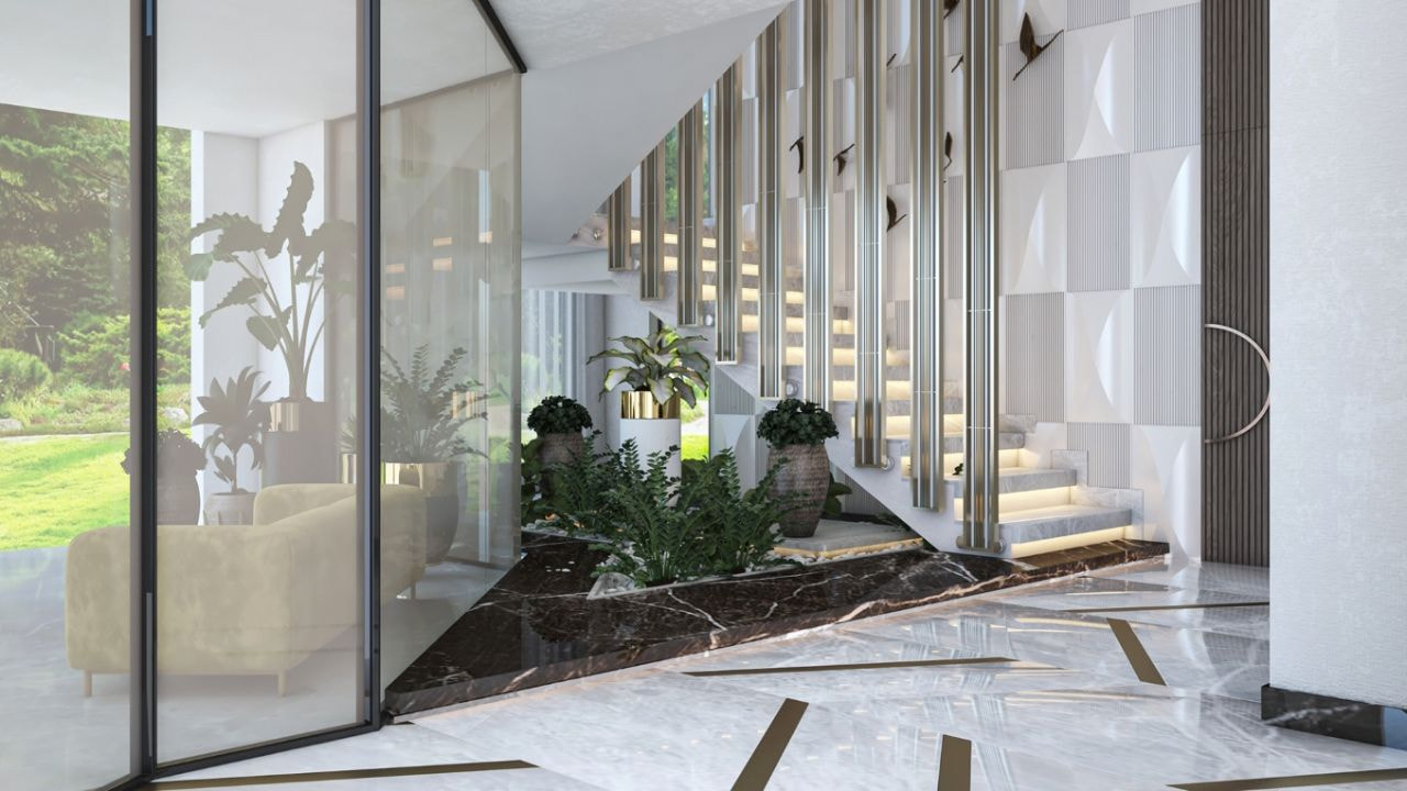 Vách ngăn cầu thang biệt thự từ inox mạ bạc