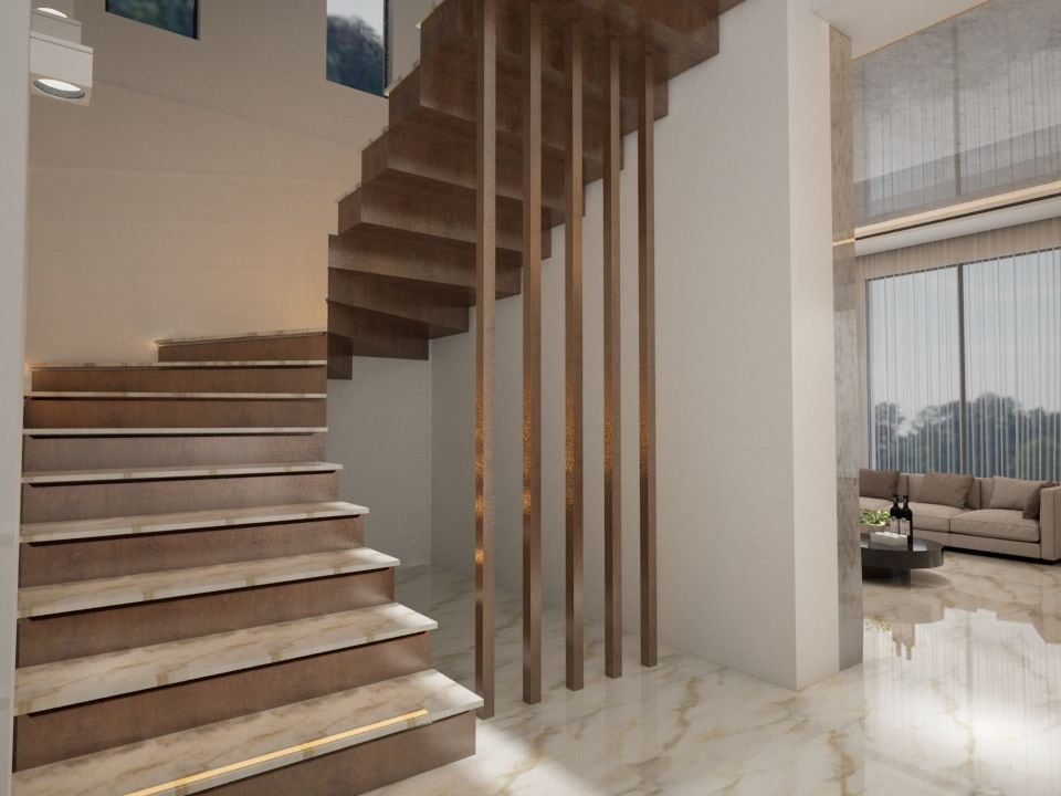 Vách ngăn cầu thang tam cấp từ những thanh lam gỗ