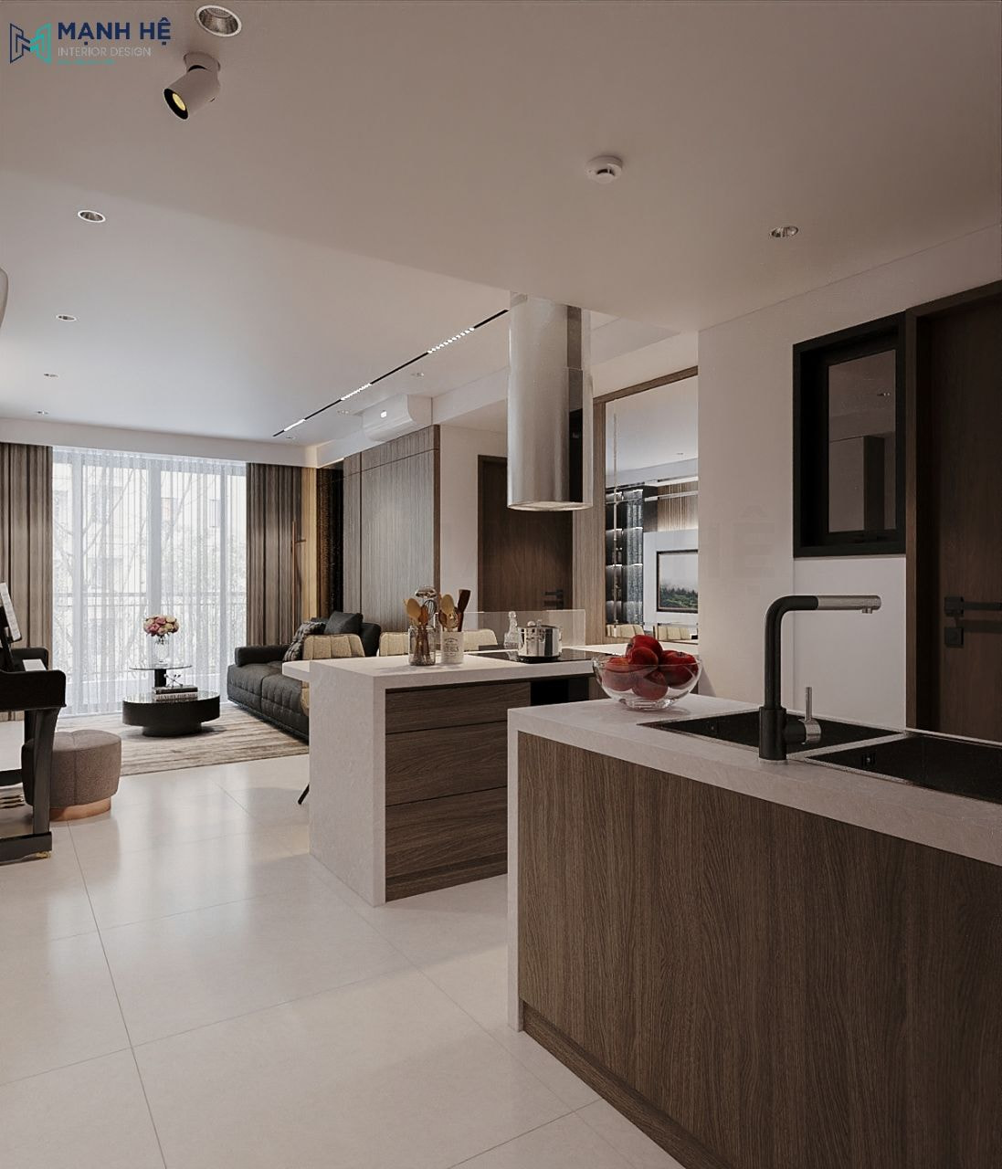 Phòng bếp được đặt liền kề phòng khách giúp tối ưu diện tích căn hộ