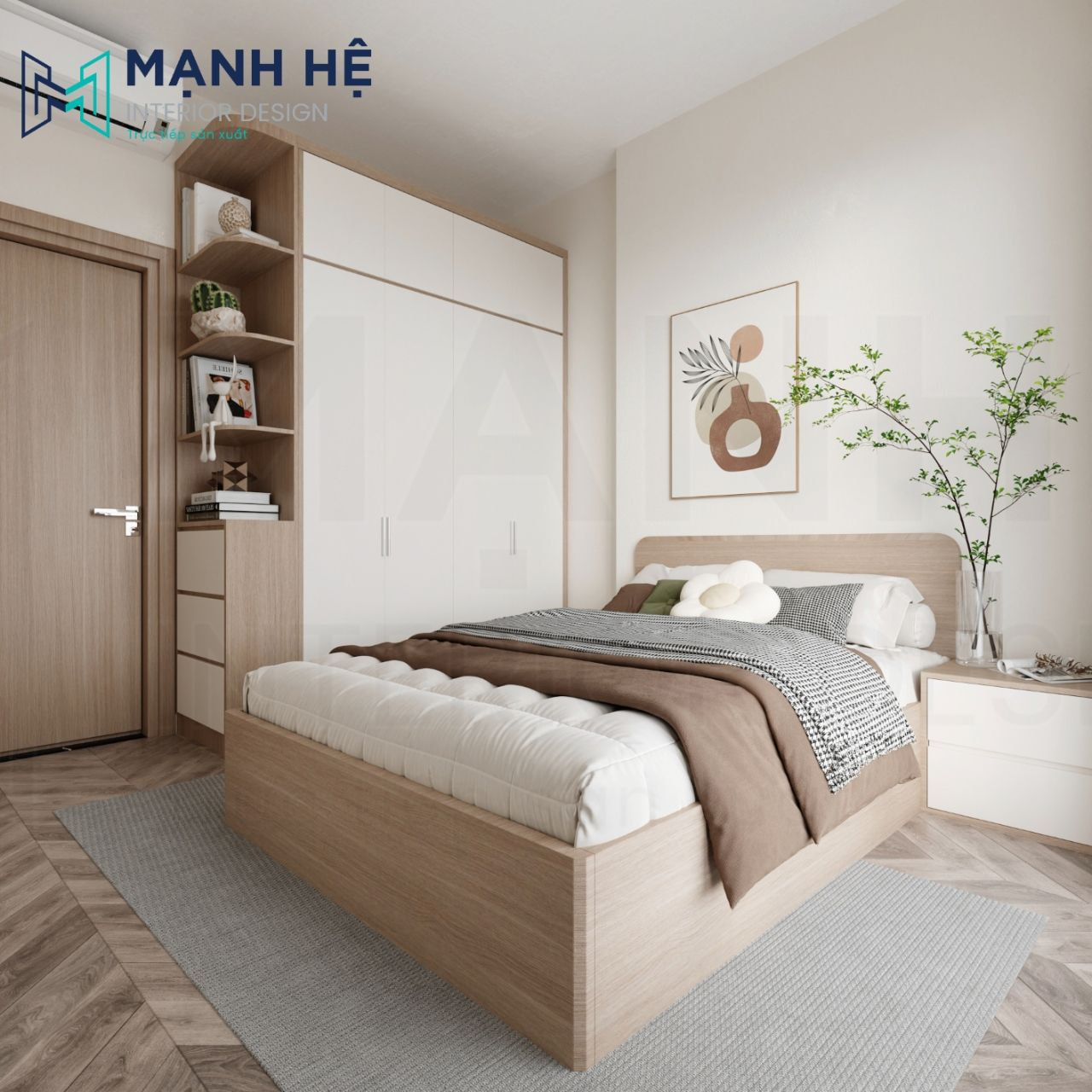 Phòng ngủ 02 với nội thất gỗ công nghiệp phủ melamine bền đẹp