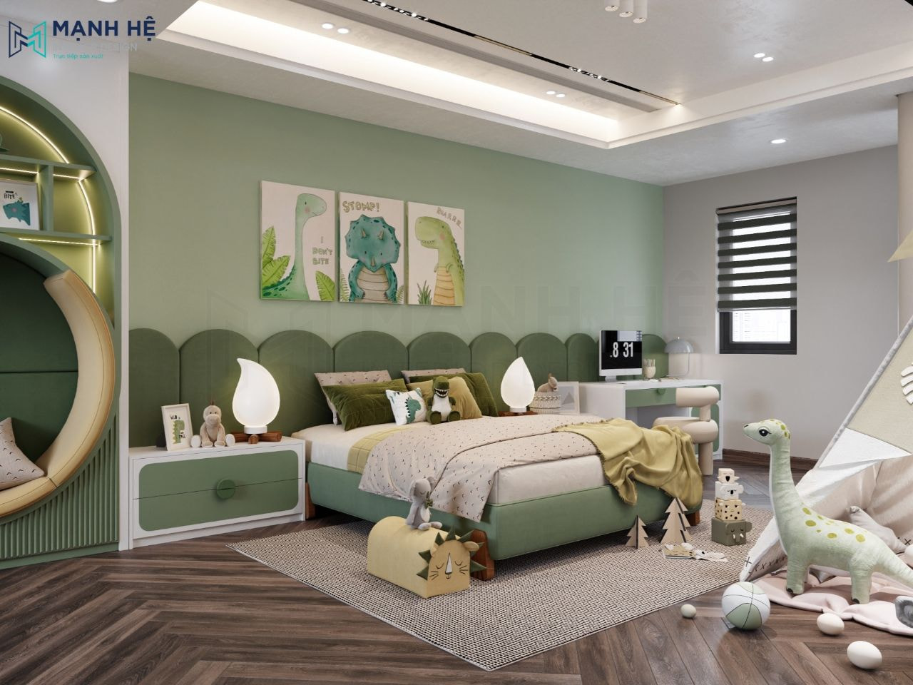 Vách đầu giường sử dụng ốp bo cong ấn tượng màu xanh đậm