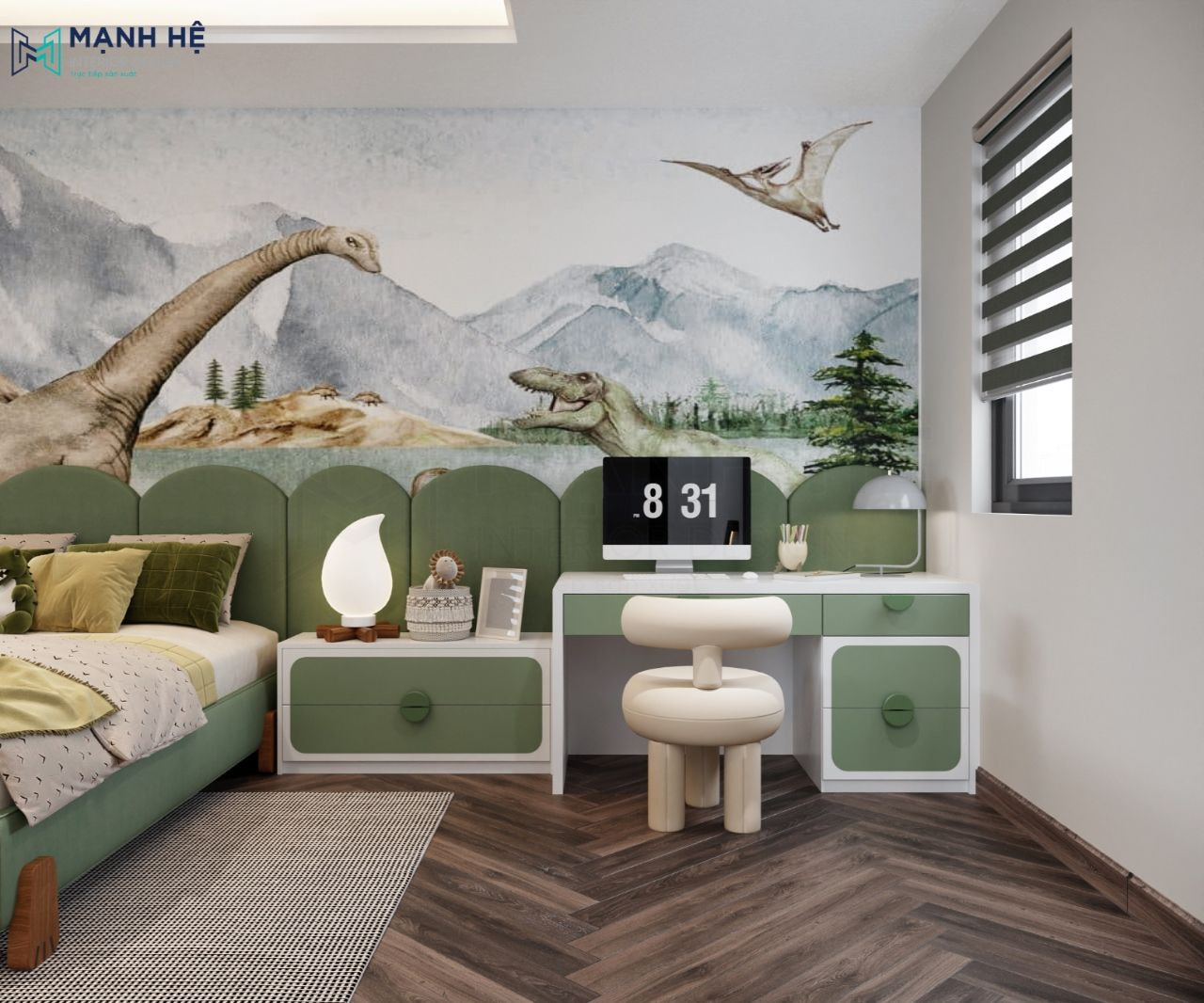 Bàn học đặt ngay đầu giường đồng bộ màu sắc với nội thất căn phòng