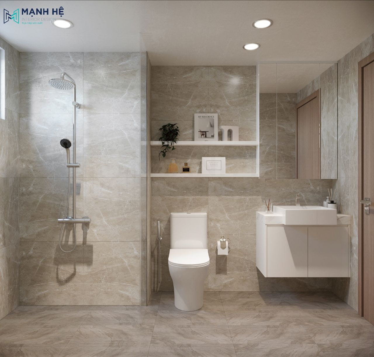 Nhà vệ sinh được ốp gạch đá cao cấp, đảm bảo an toàn tuyệt đối cho người sử dụng