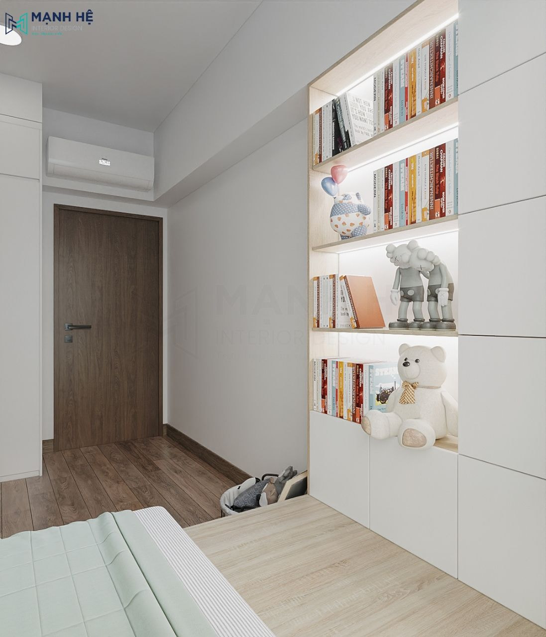 Tủ sách lớn được đặt sát tường phía dưới phòng