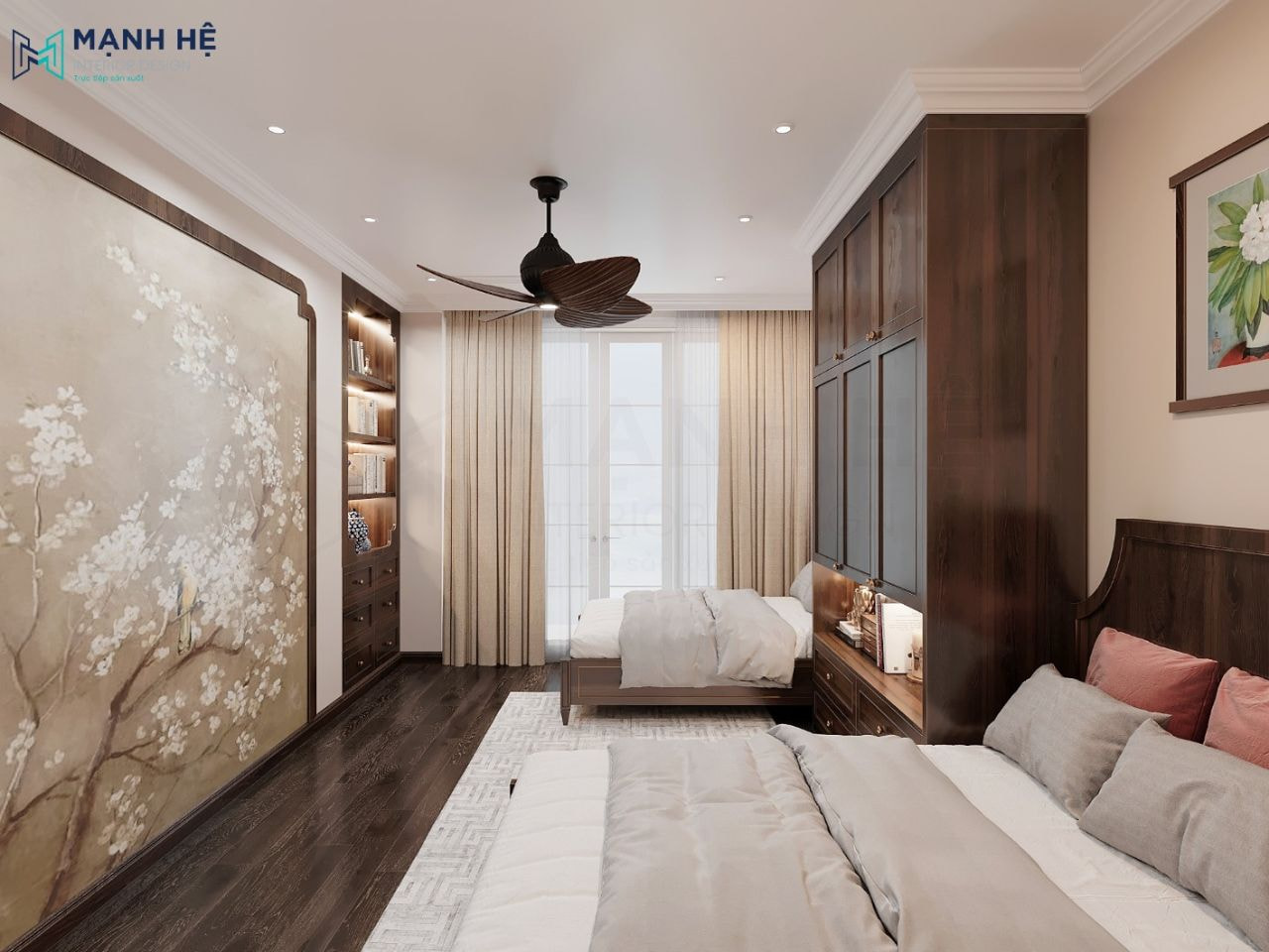 Thiết kế hệ tủ sách âm tường, tủ đựng đồ lớn đặt ở giữa 2 giường