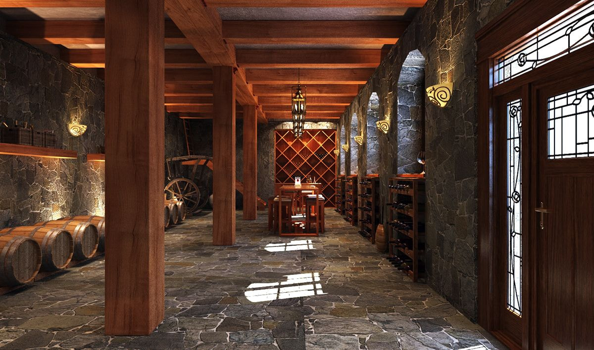 Hầm rượu sử dụng chất liệu đá và gỗ tự nhiên là chủ yếu để toát lên được sự đẳng cấp của chủ nhà