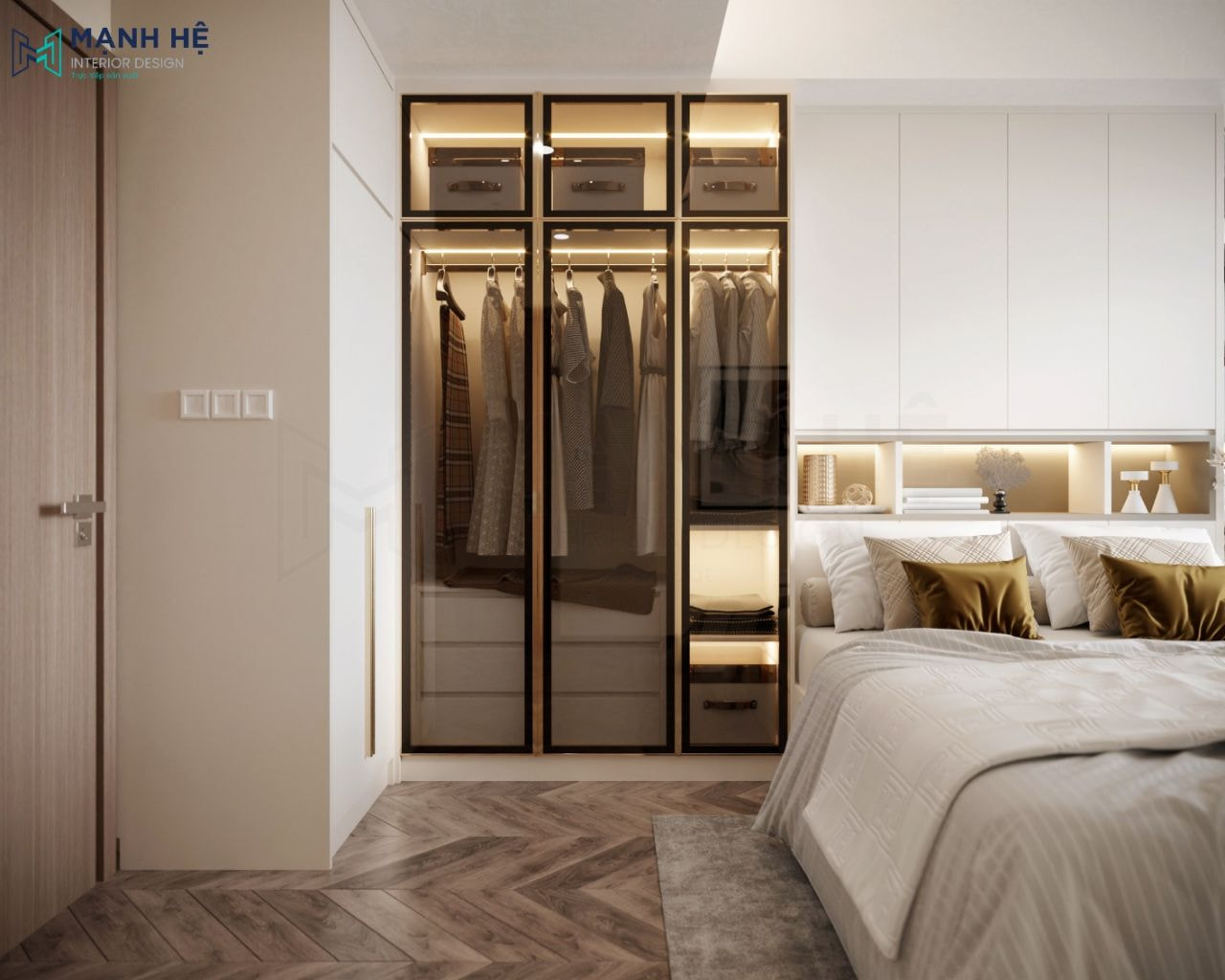 Hệ tủ quần áo cánh kính khung inox vàng sang trọng