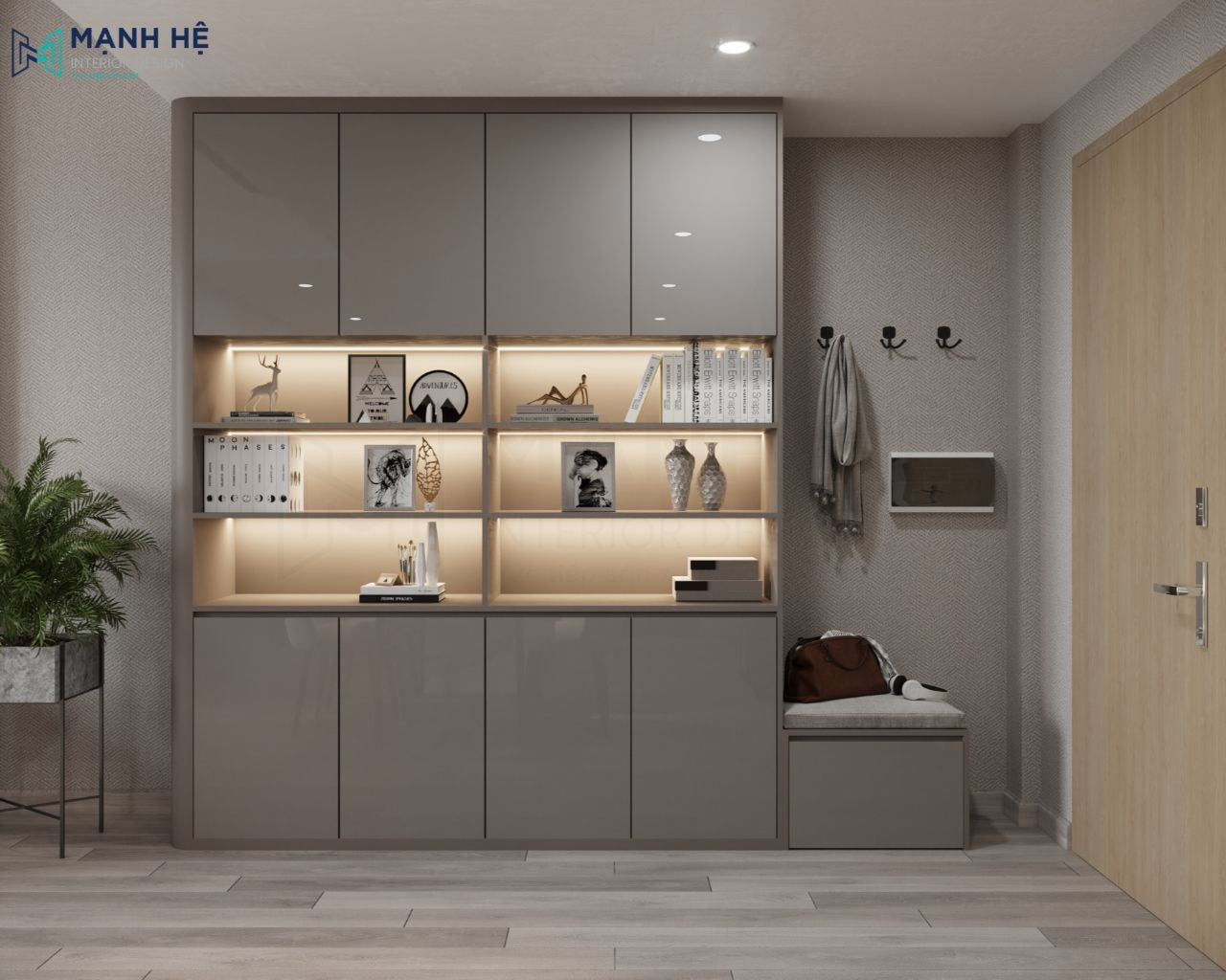 Hệ tủ giày cao đụng trần từ kết hợp ngăn hộc đựng đồ trang trí