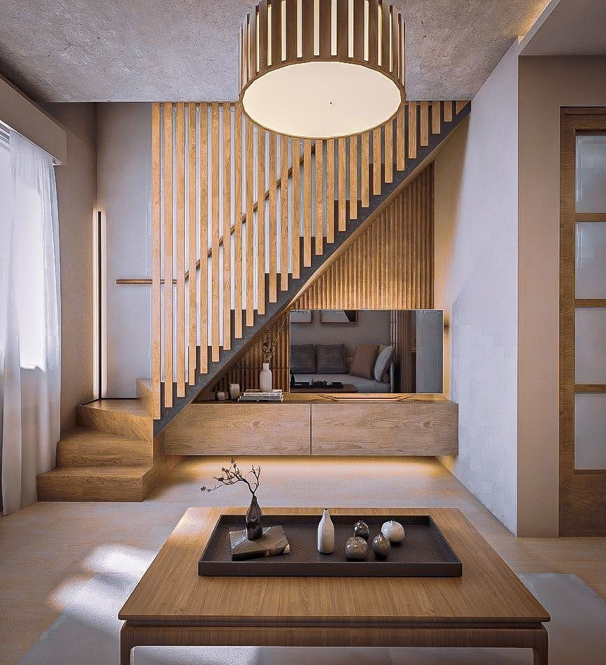 kệ tivi kết hợp lam gỗ cho phòng khách nhỏ của căn hộ Duplex