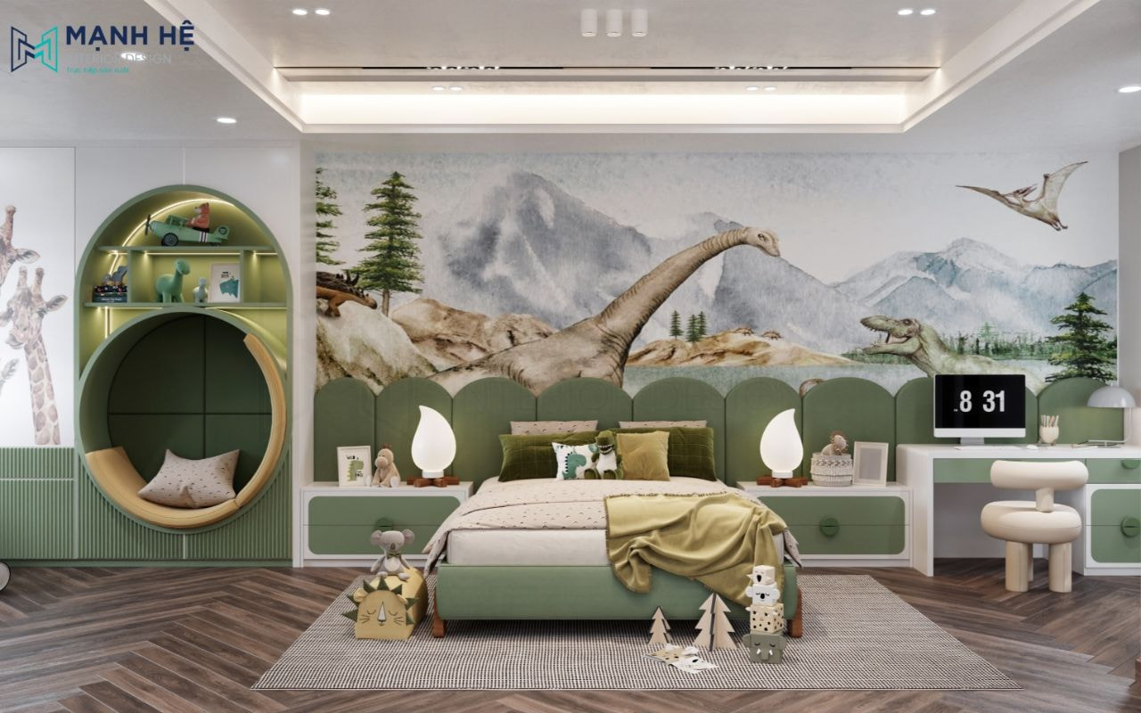 Sử dụng gam màu xanh lá cây tươi mát phù hợp với độ tuổi của bé
