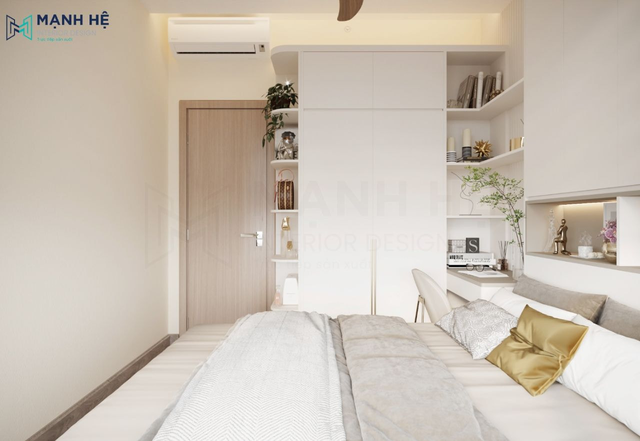 Hệ tủ quần áo 2 cánh nối liền bàn làm việc và tủ sách trang trí