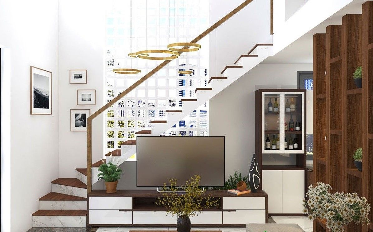 Thiết kế kệ tivi gầm cầu thang từ gỗ công nghiệp kết hợp tủ rượu