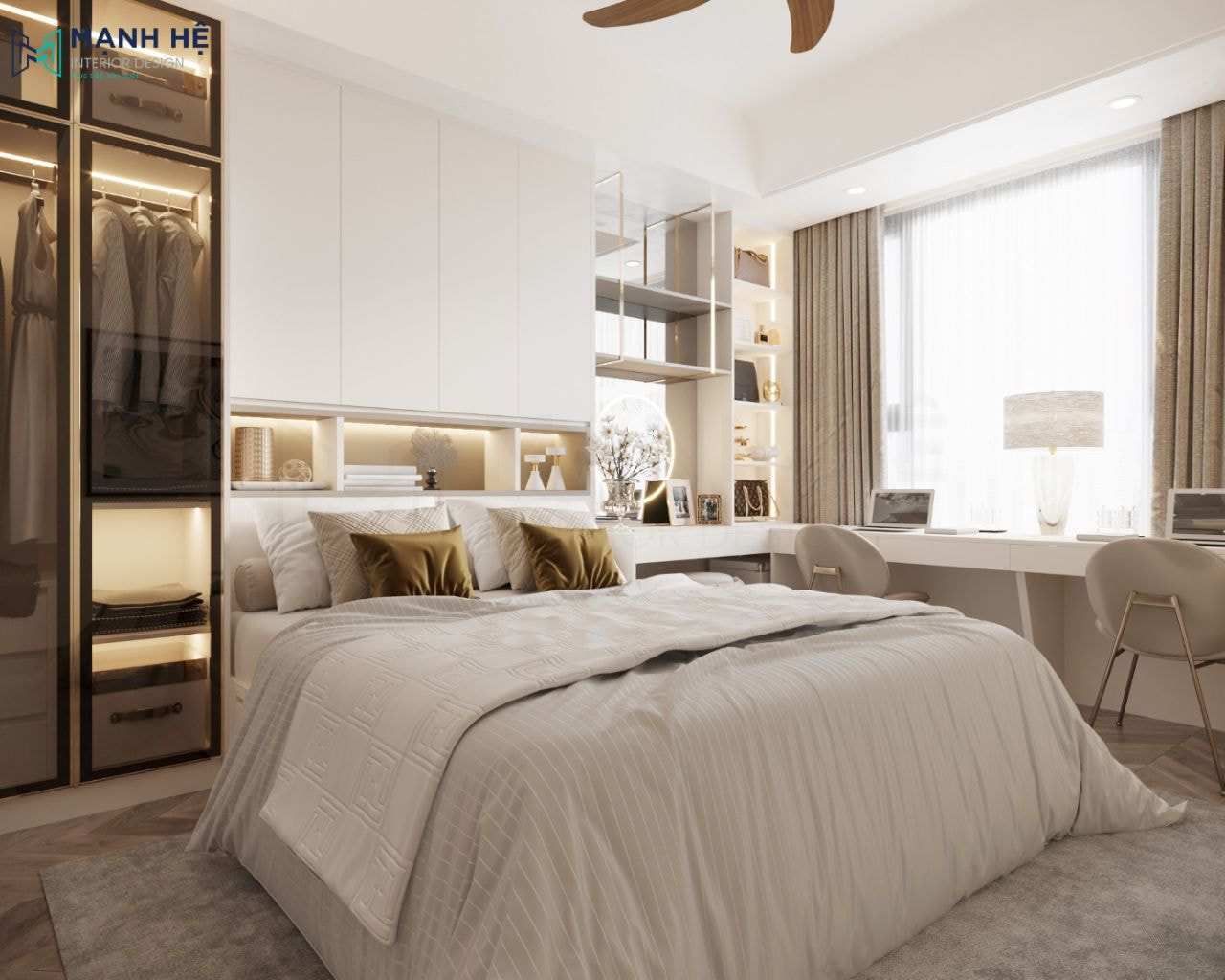 Tab đường giường là sự tích hợp của tủ quần áo, tủ trang trí và nối liền bàn làm việc, bàn trang điểm