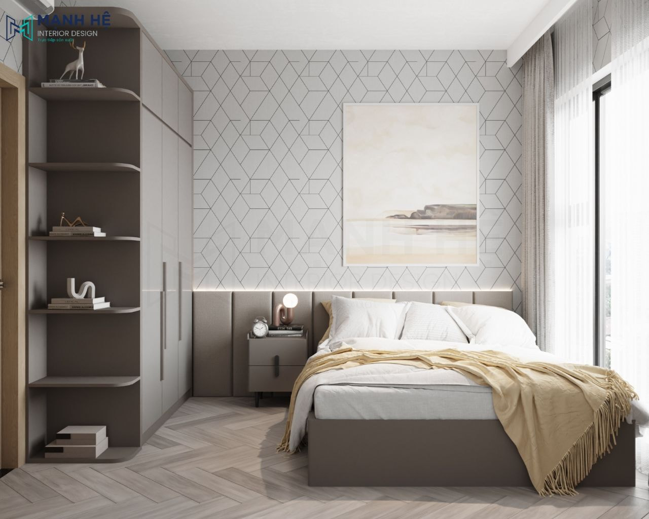 Phòng ngủ 03 ấn tượng với vách tường đầu giường sử dụng giấy dán tường họa tiết đối xứng