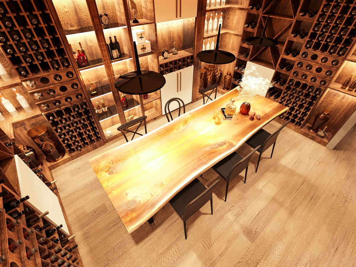 Hầm rượu phong cách hiện đại với bàn ngồi dài