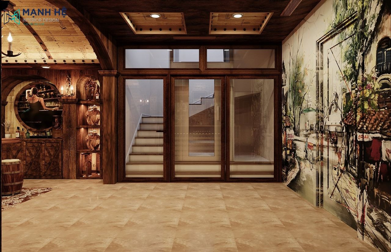 Cửa chính ra vào sẽ sử dụng chất liệu kính kết hợp gỗ