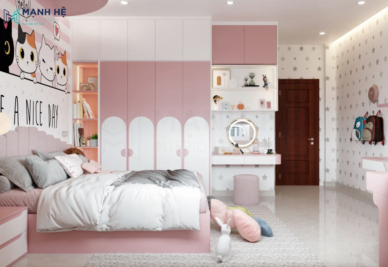 Tủ quần áo nối liền tủ sách treo tường và bàn trang điểm
