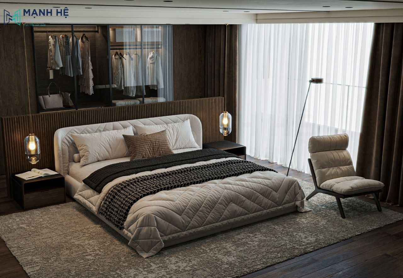 Phòng ngủ master sử dụng thiết kế giường bệt lạ mắt