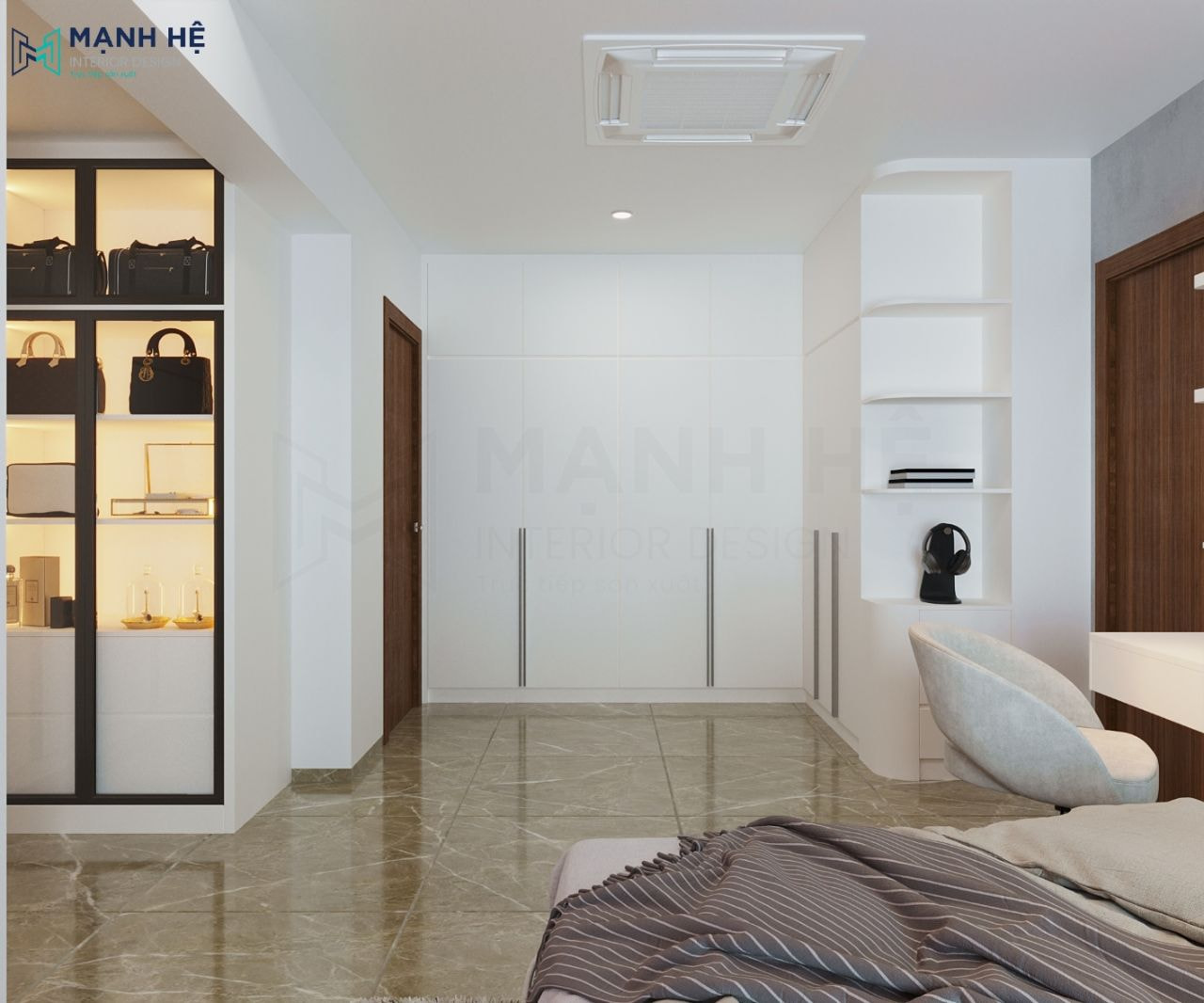 Hệ tủ quần áo chữ L cao đụng trần đặt ở góc phòng, thêm hệ tủ đựng túi xách và trang sức cho gia chủ nữ