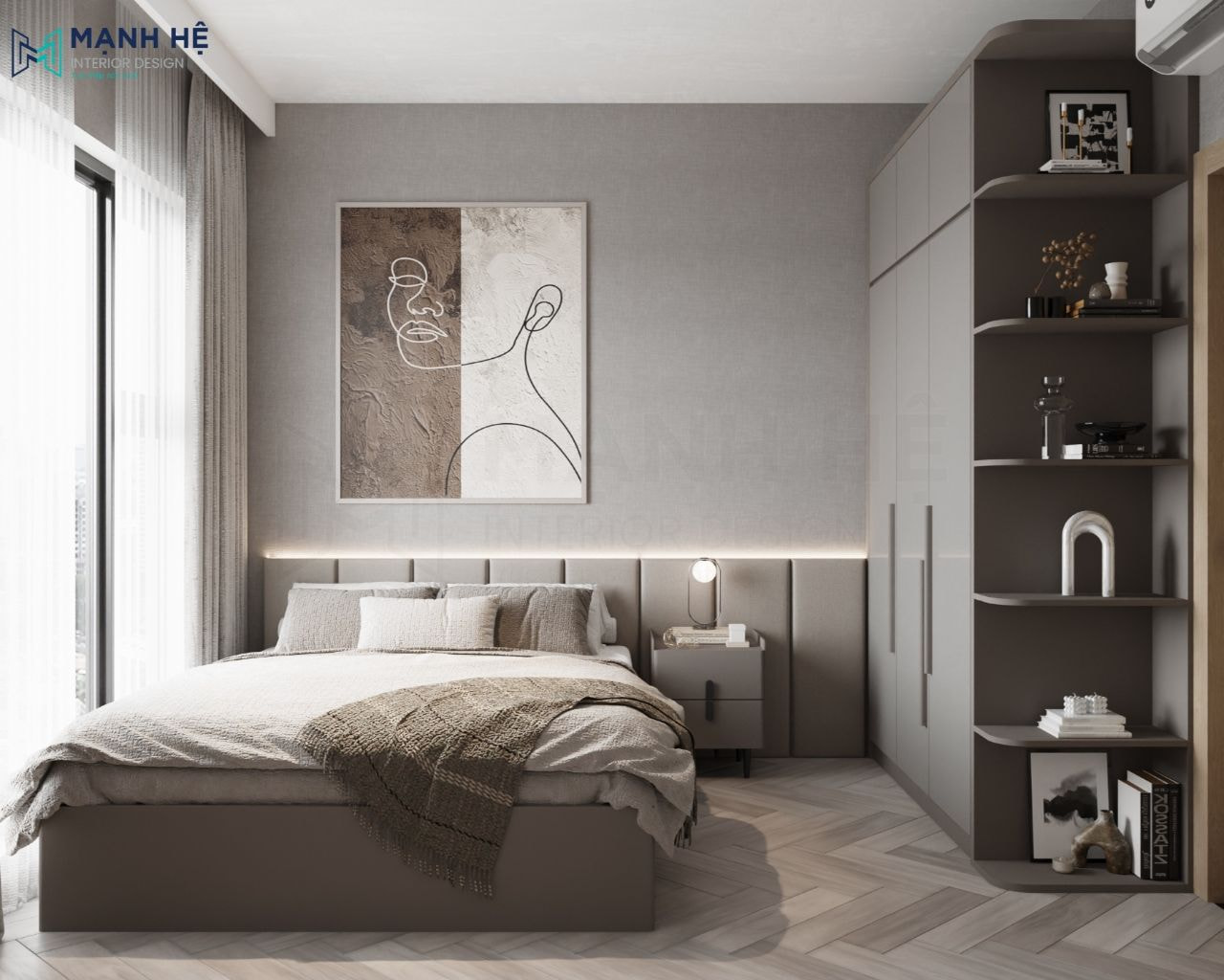 Phòng ngủ 02 sử dụng gam màu xám thanh lịch