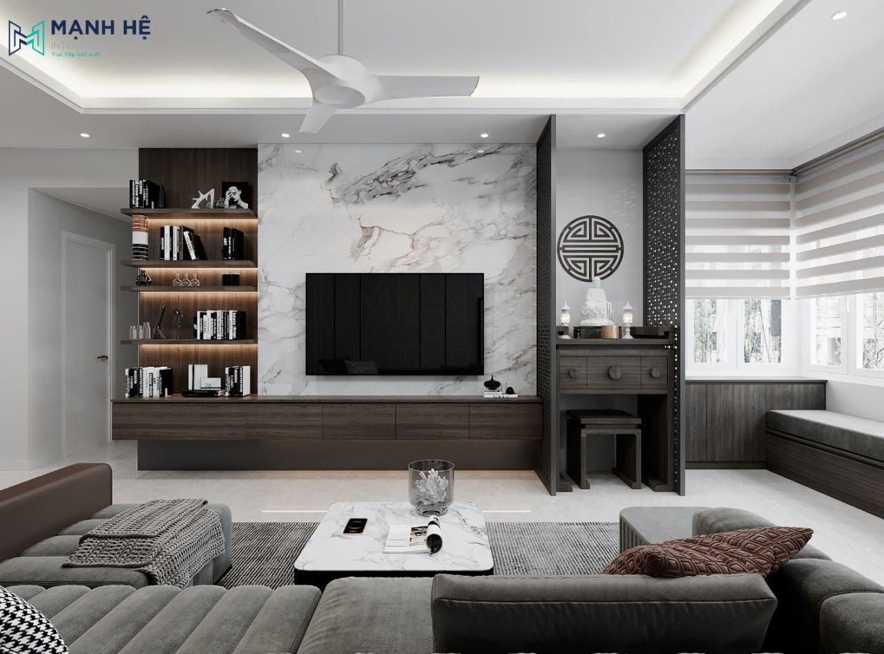 Bàn thờ đứng nối liền kệ tivi phòng khách