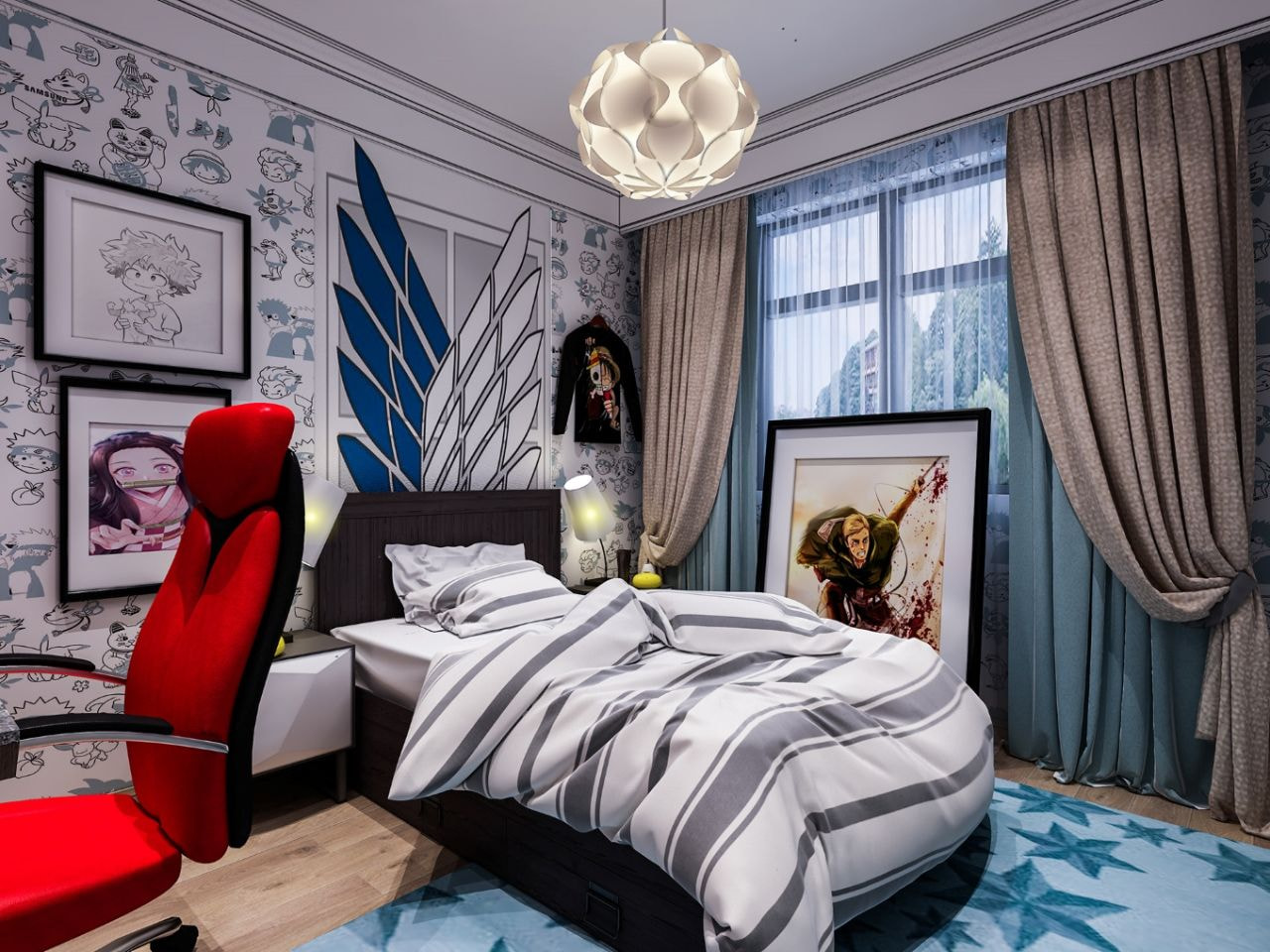Mẫu 2: Phòng anime được decor ấn tượng bằng tranh vẽ và giấy dán tường
