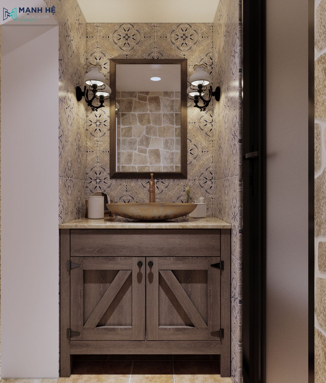 Bàn lavabo cũng được thiết kế đồng bộ với kiểu cách của không gian phòng rượu