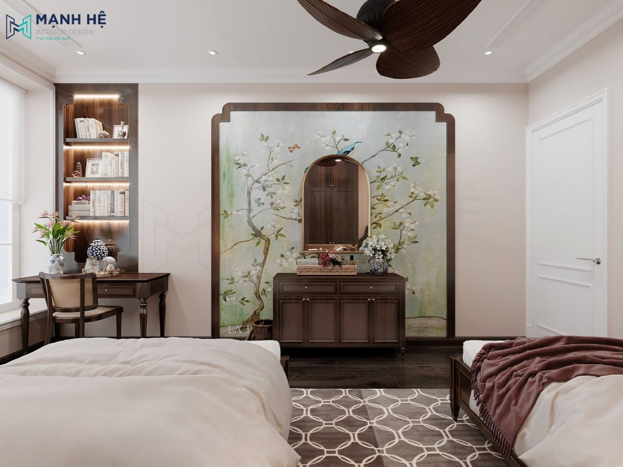 Cách điệu bức tường bằng giấy dán tường gắn thêm gương