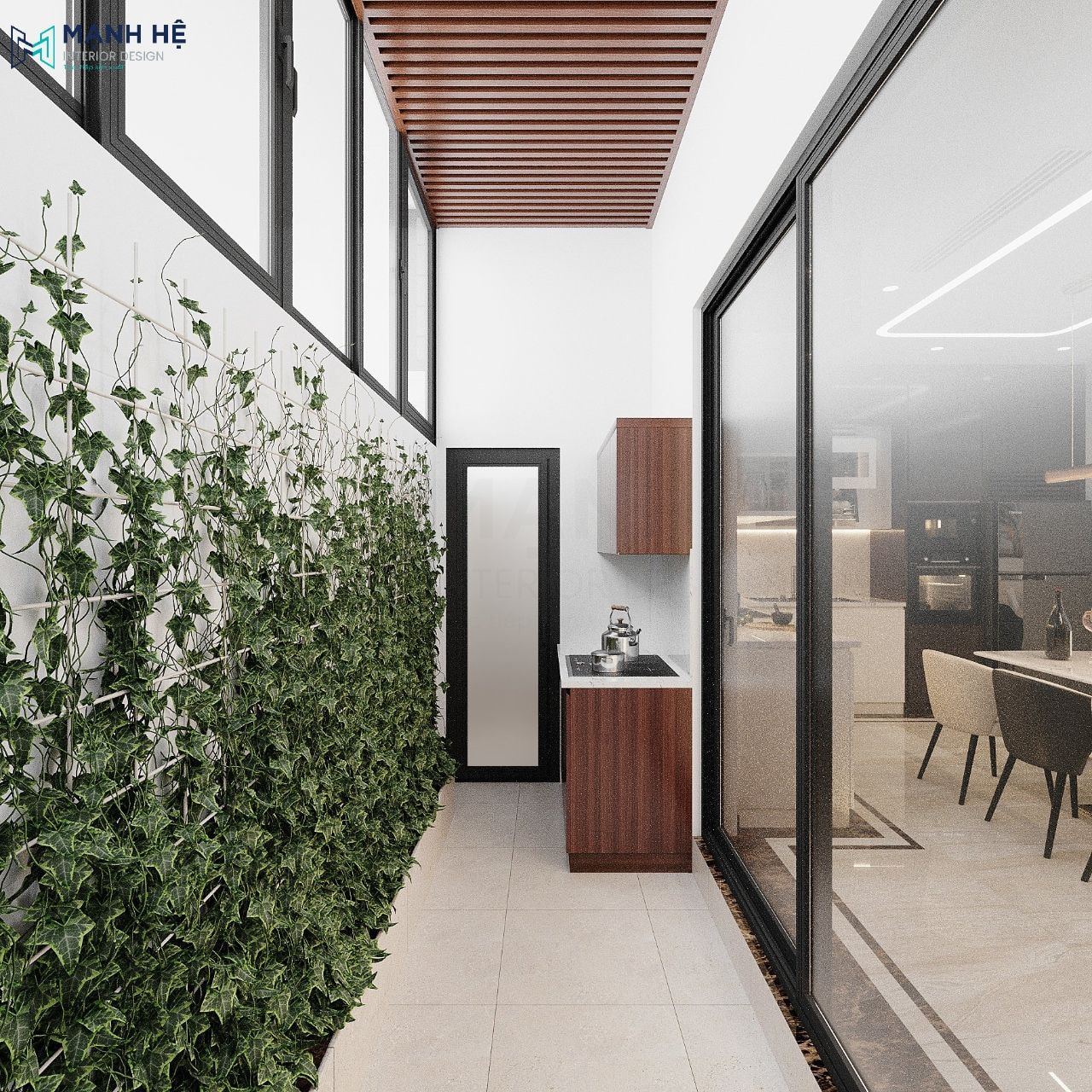 Sảnh sau phòng bếp trang bị thêm tủ gỗ làm nơi đun nước và chưa đồ linh tinh trong nhà