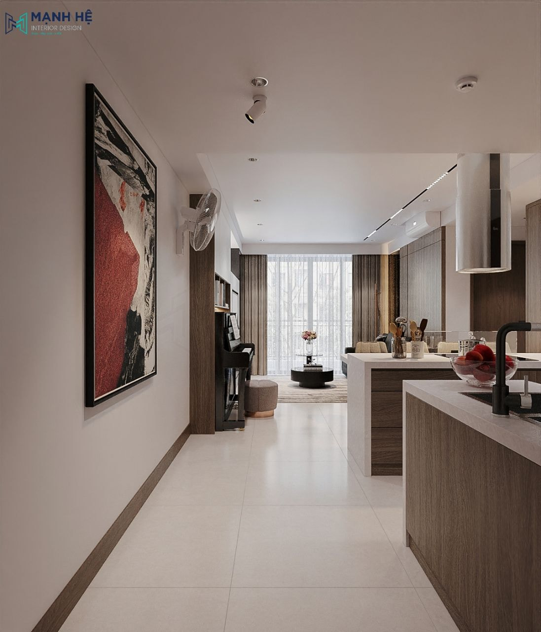 Tổng thể nội thất căn hộ sử dụng chất liệu gỗ MDF phủ melamine chắc chắn, an toàn và thẩm mỹ