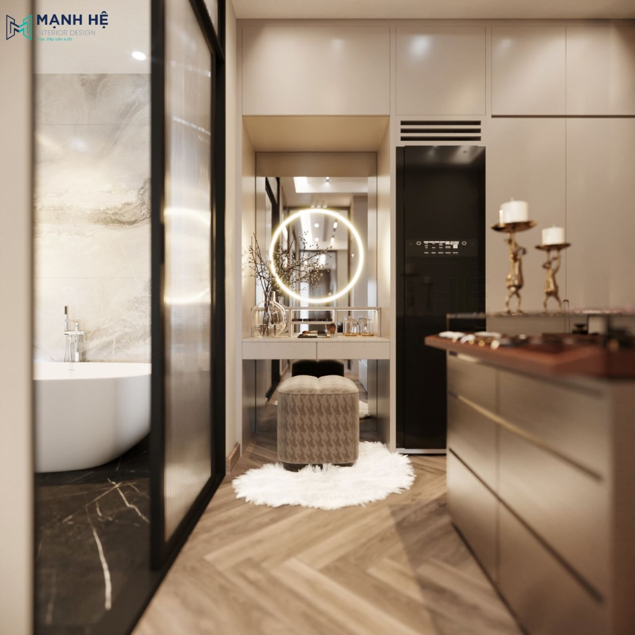 Bàn trang điểm có gương led được tích hợp vào tủ áo