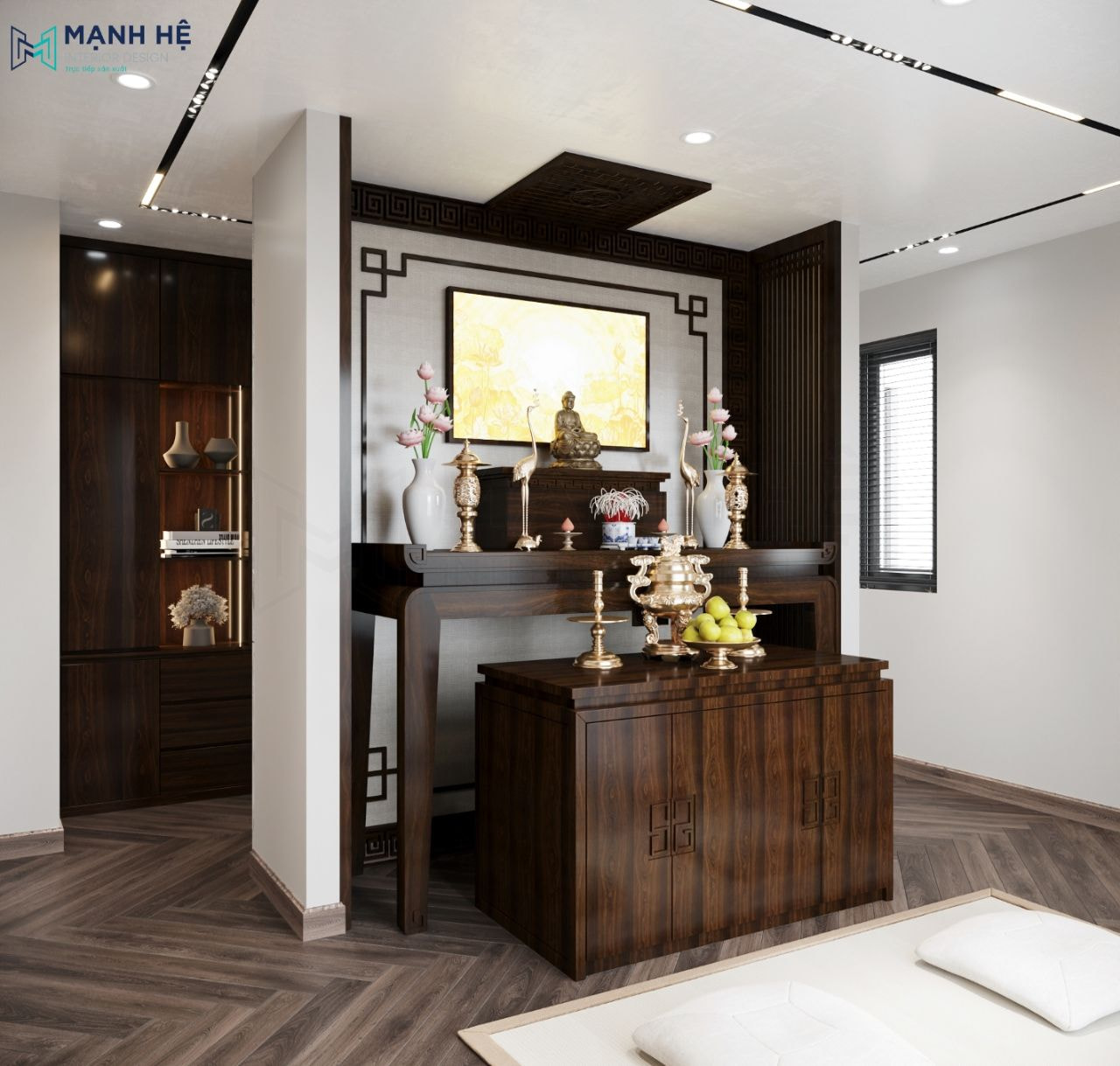 Bàn thờ được cân đối các yếu tố phong thủy về hướng, hoa văn để đảm bảo tính thẩm mỹ