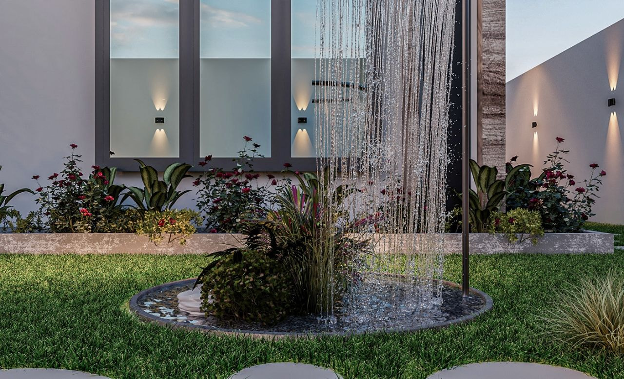 Mẫu 11: Hồ nước nhỏ với thác nước và cây xanh làm tiểu cảnh cho khu vực sân vườn nhà phố