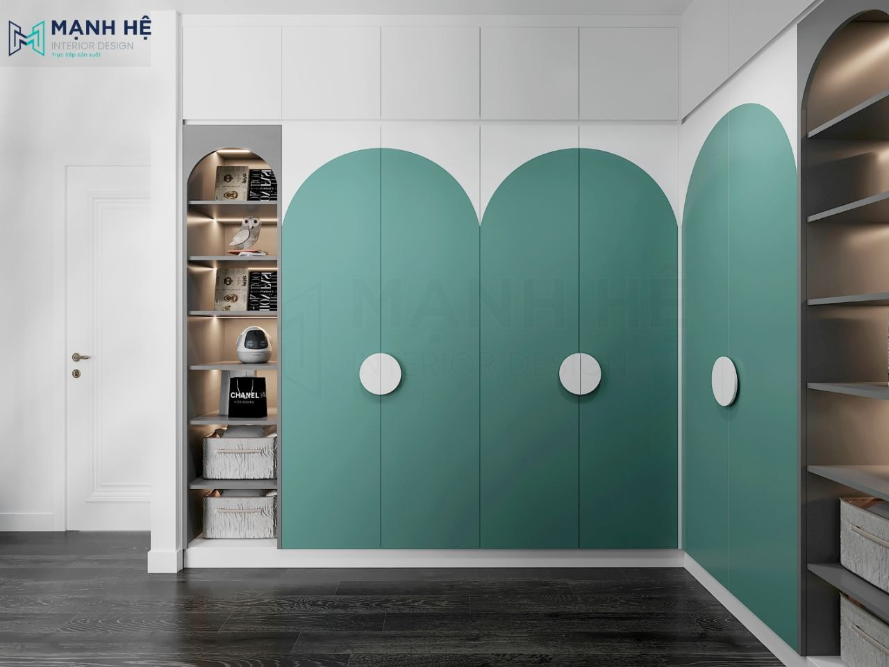 Hệ tủ quần áo chữ L cao đụng trần phối 2 màu trắng và xanh mint